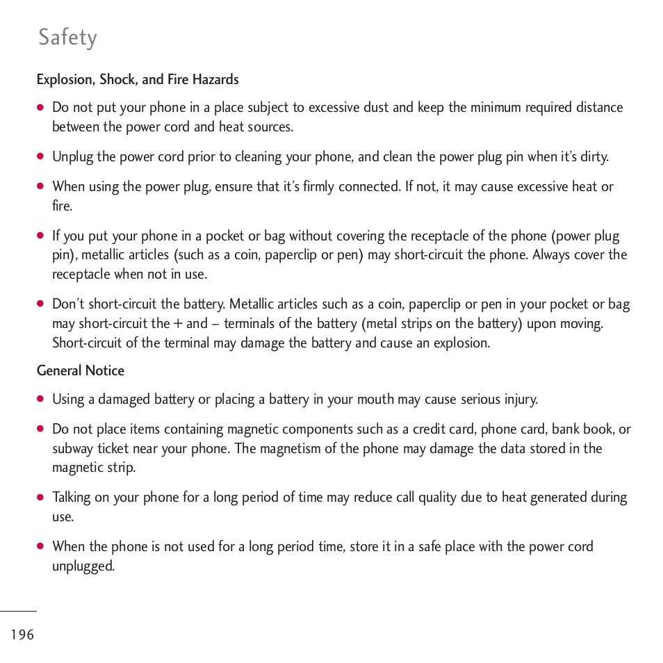 Safety, Explosion, shock, and fire hazards | LG LGVM701 User Manual | Page 198 / 221