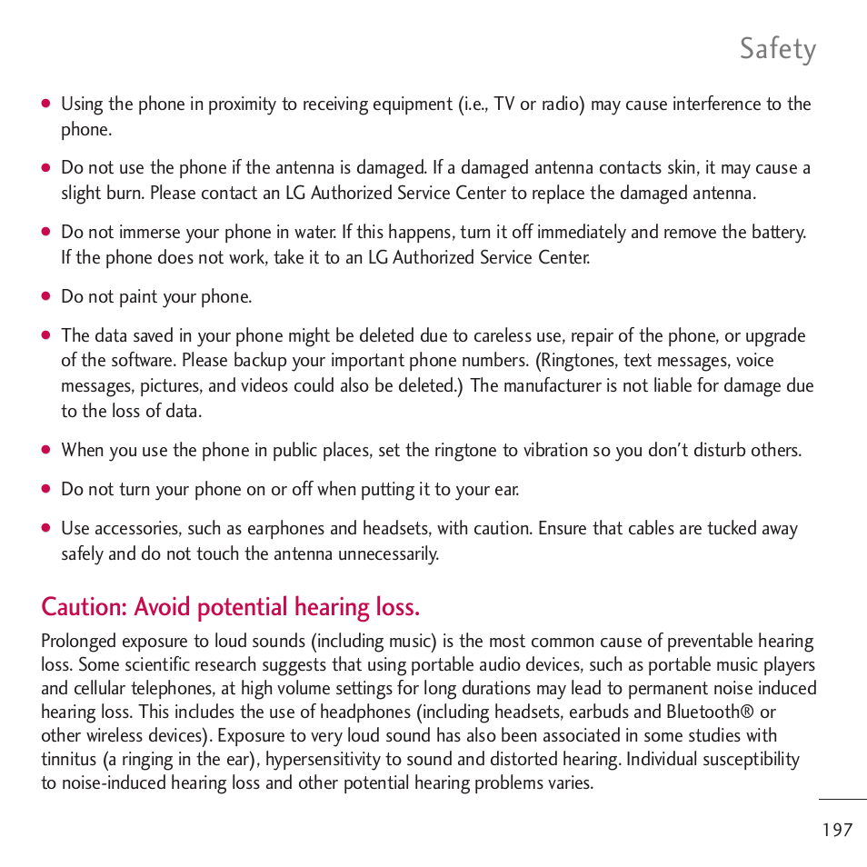 Safety, Caution: avoid potential hearing loss, Do not paint your phone | LG LGVM701 User Manual | Page 199 / 221