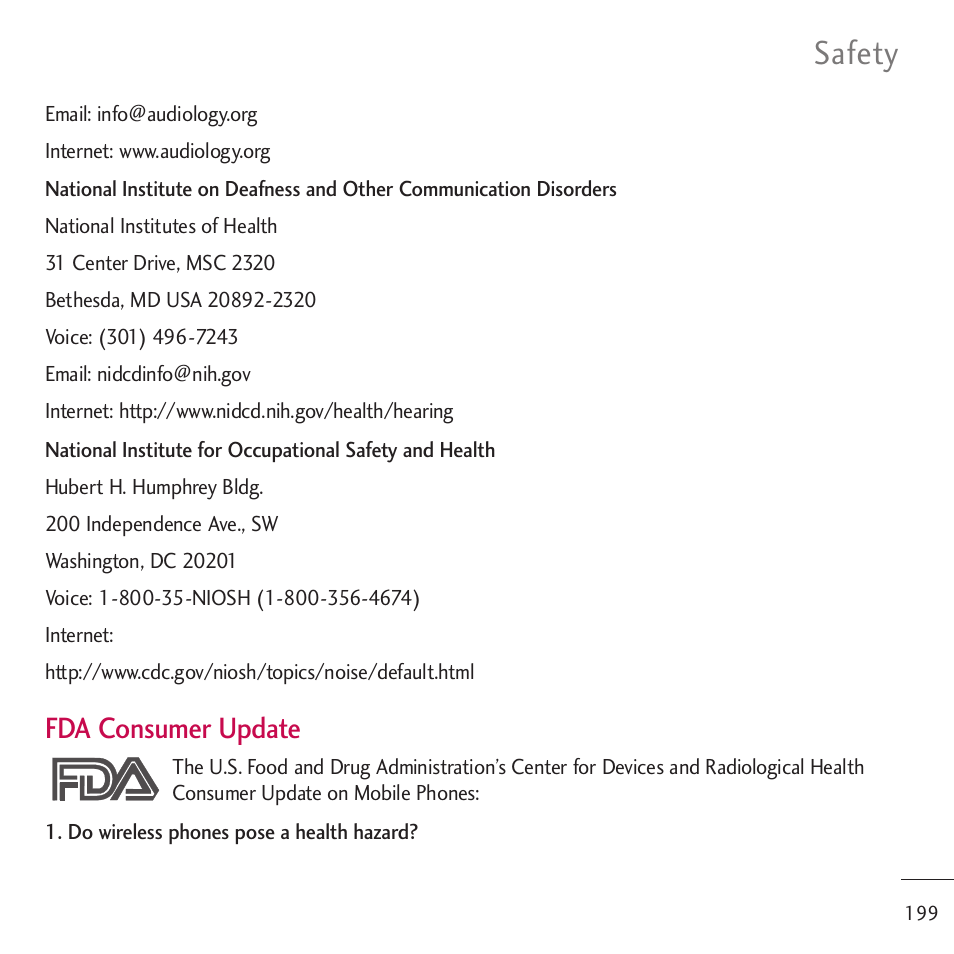 Safety, Fda consumer update | LG LGVM701 User Manual | Page 201 / 221