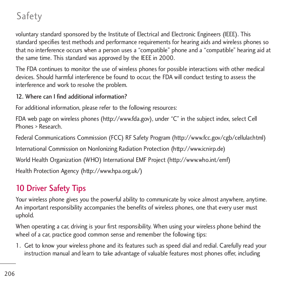 Safety, 10 driver safety tips | LG LGVM701 User Manual | Page 208 / 221