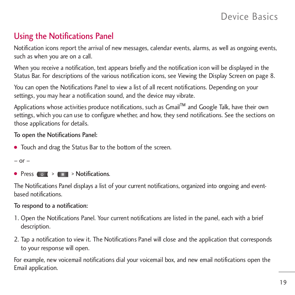 Device basics, Using the notifications panel | LG LGVM701 User Manual | Page 21 / 221