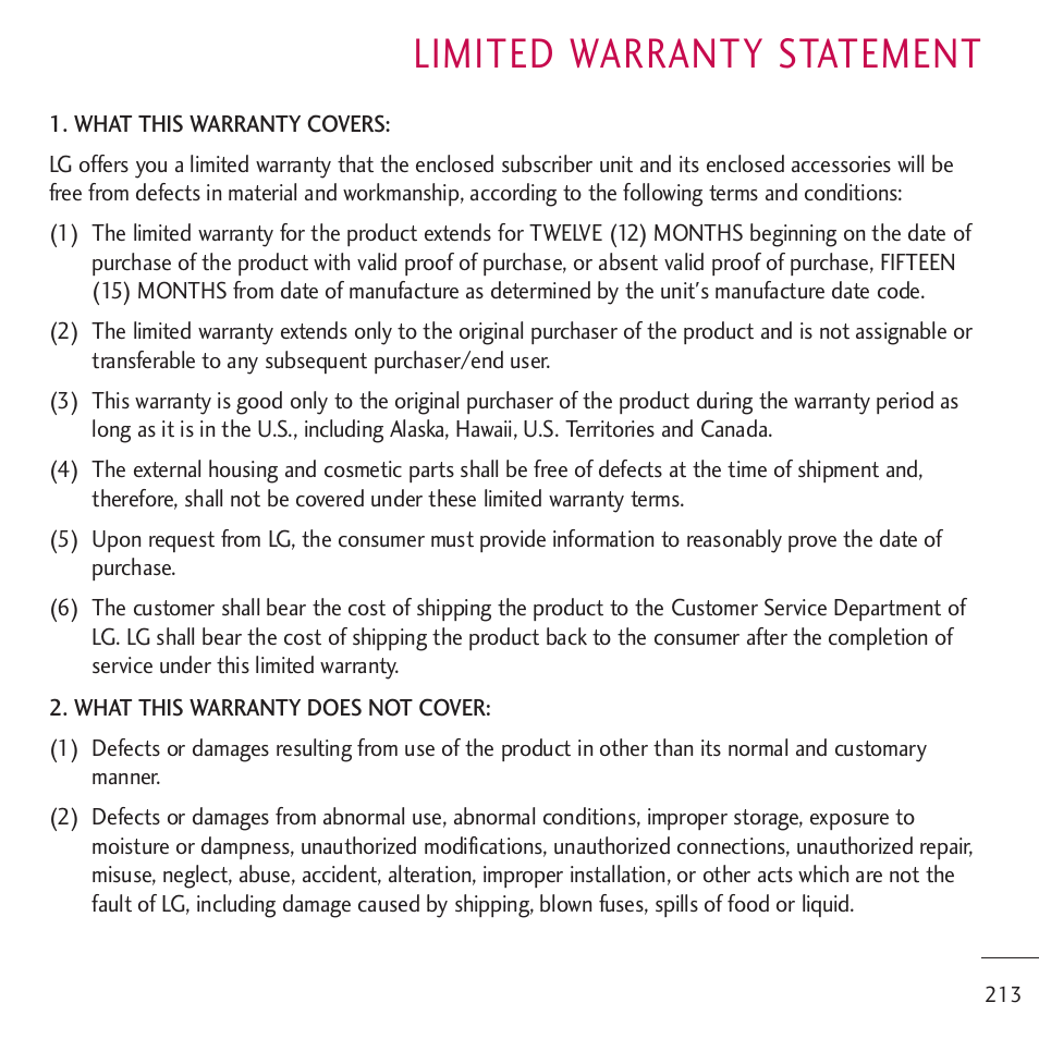 Limited warranty statement | LG LGVM701 User Manual | Page 215 / 221