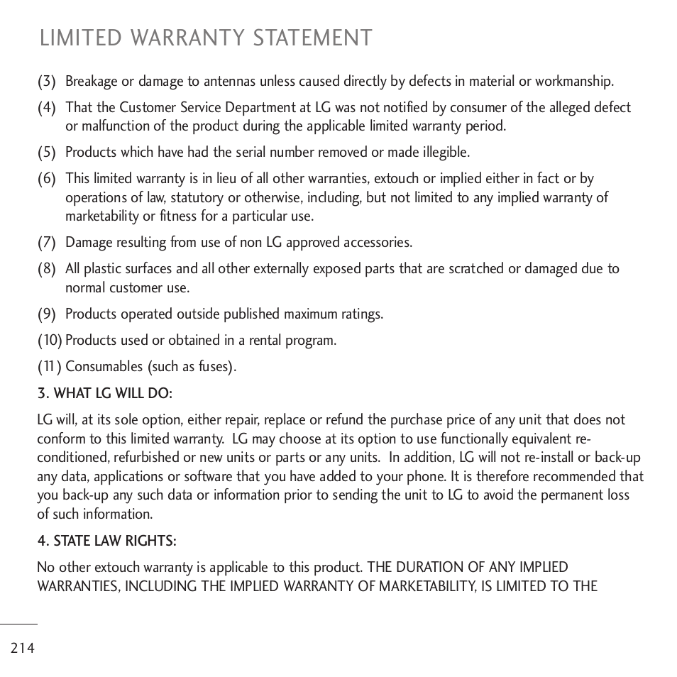 Limited warranty statement | LG LGVM701 User Manual | Page 216 / 221