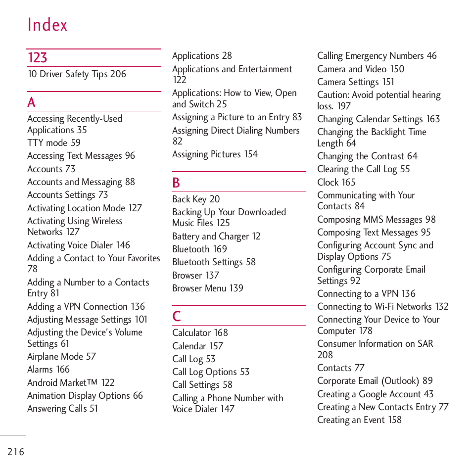 Index | LG LGVM701 User Manual | Page 218 / 221