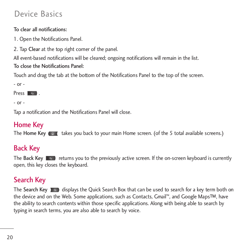 Device basics, Home key, Back key | Search key | LG LGVM701 User Manual | Page 22 / 221