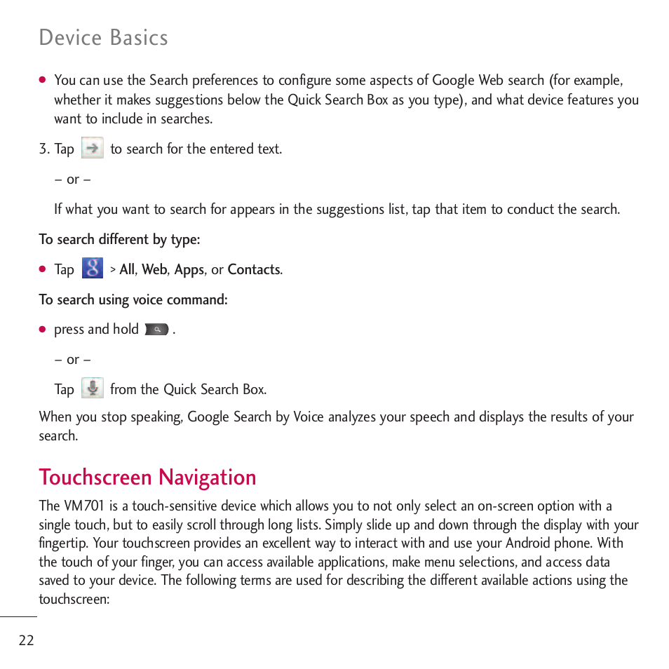 Touchscreen navigation, Device basics | LG LGVM701 User Manual | Page 24 / 221