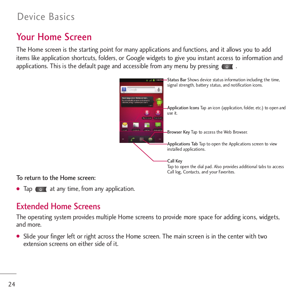 Your home screen, Device basics, Extended home screens | LG LGVM701 User Manual | Page 26 / 221