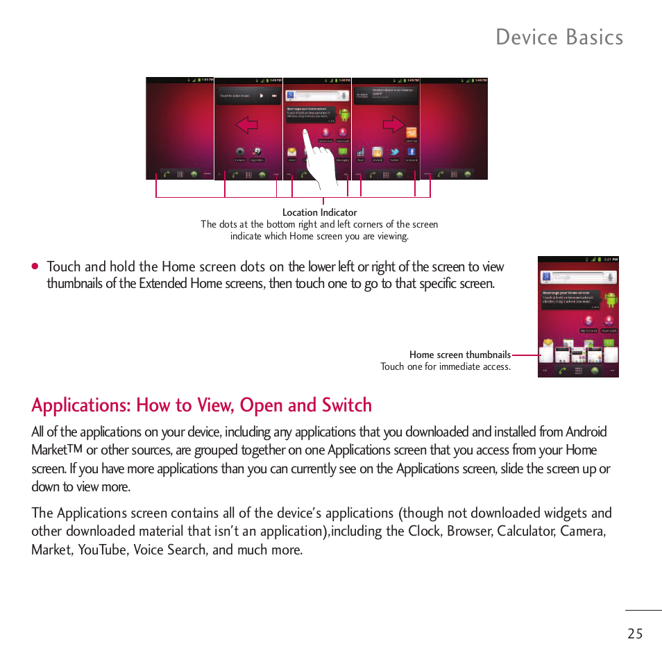 Device basics, Applications: how to view, open and switch | LG LGVM701 User Manual | Page 27 / 221