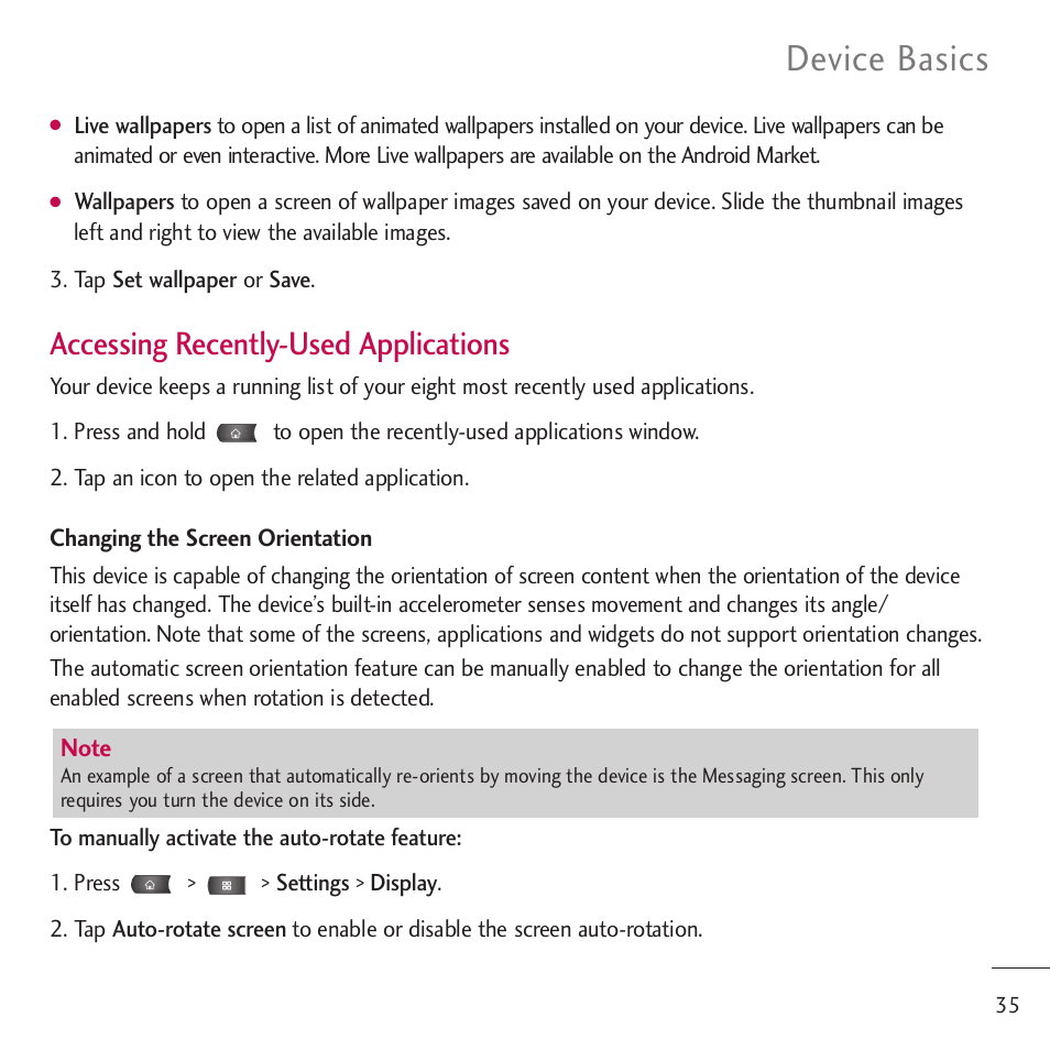 Device basics, Accessing recently-used applications | LG LGVM701 User Manual | Page 37 / 221