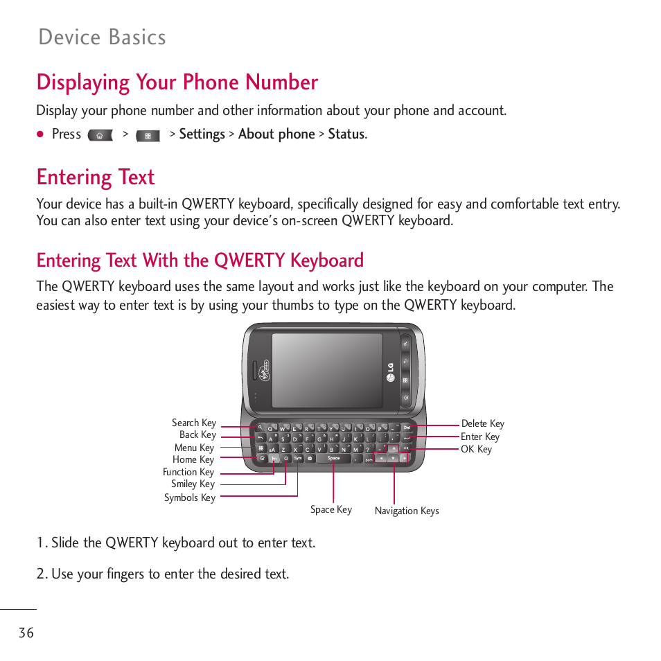 Displaying your phone number, Entering text, Device basics displaying your phone number | Entering text with the qwerty keyboard | LG LGVM701 User Manual | Page 38 / 221