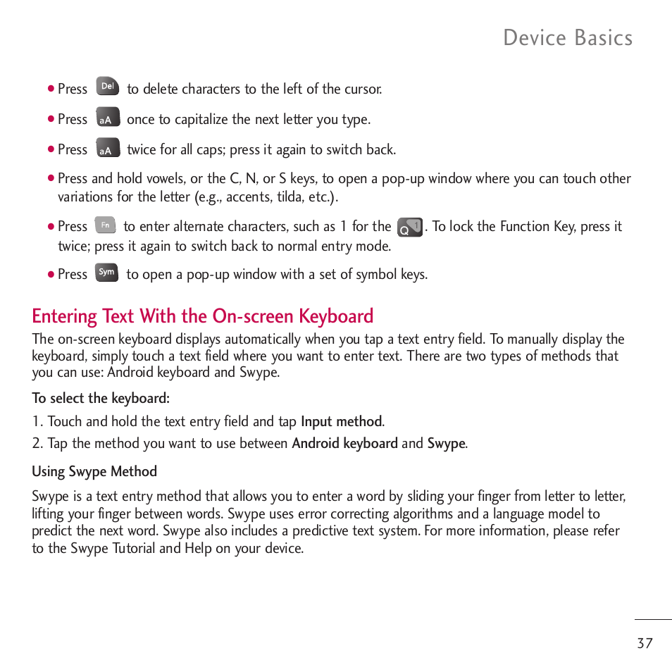 Device basics, Entering text with the on-screen keyboard | LG LGVM701 User Manual | Page 39 / 221