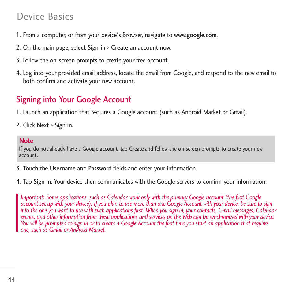 Device basics, Signing into your google account | LG LGVM701 User Manual | Page 46 / 221