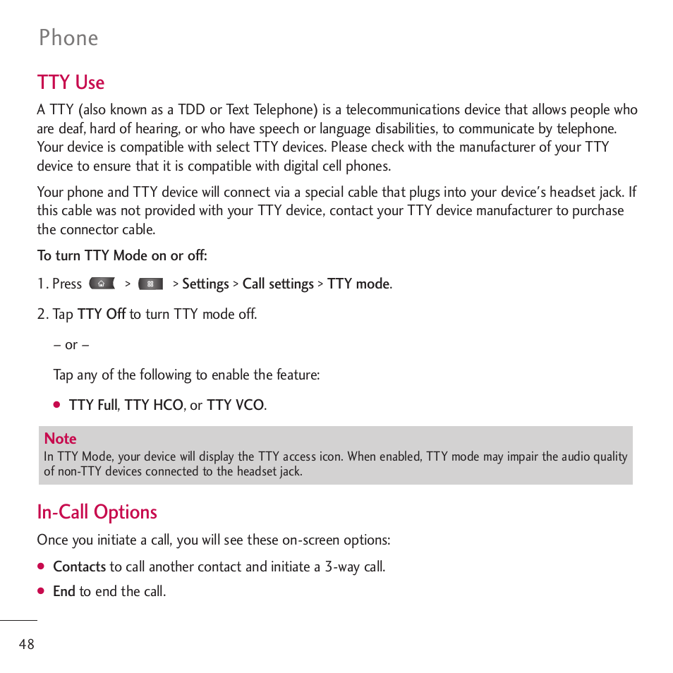 Phone, Tty use, In-call options | LG LGVM701 User Manual | Page 50 / 221