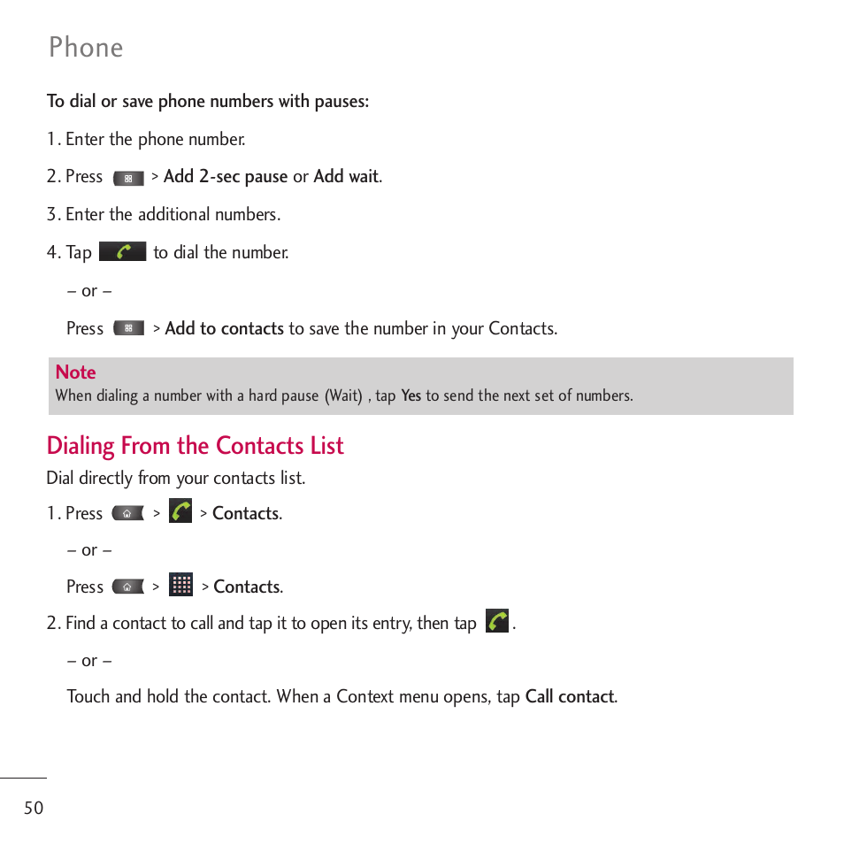 Phone, Dialing from the contacts list | LG LGVM701 User Manual | Page 52 / 221