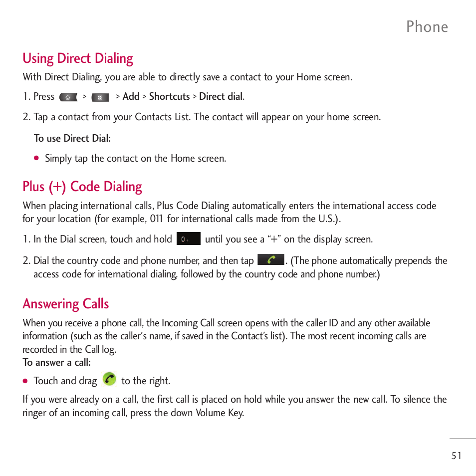 Phone, Using direct dialing, Plus (+) code dialing | Answering calls | LG LGVM701 User Manual | Page 53 / 221