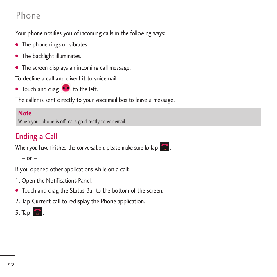 Phone, Ending a call | LG LGVM701 User Manual | Page 54 / 221