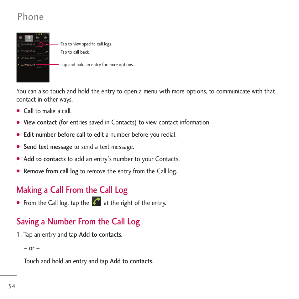 Phone, Making a call from the call log, Saving a number from the call log | LG LGVM701 User Manual | Page 56 / 221