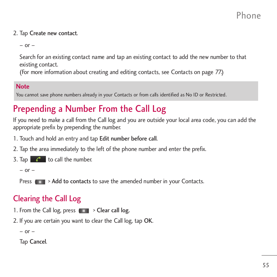 Prepending a number from the, Prepending a number from the call log, Phone | Clearing the call log | LG LGVM701 User Manual | Page 57 / 221