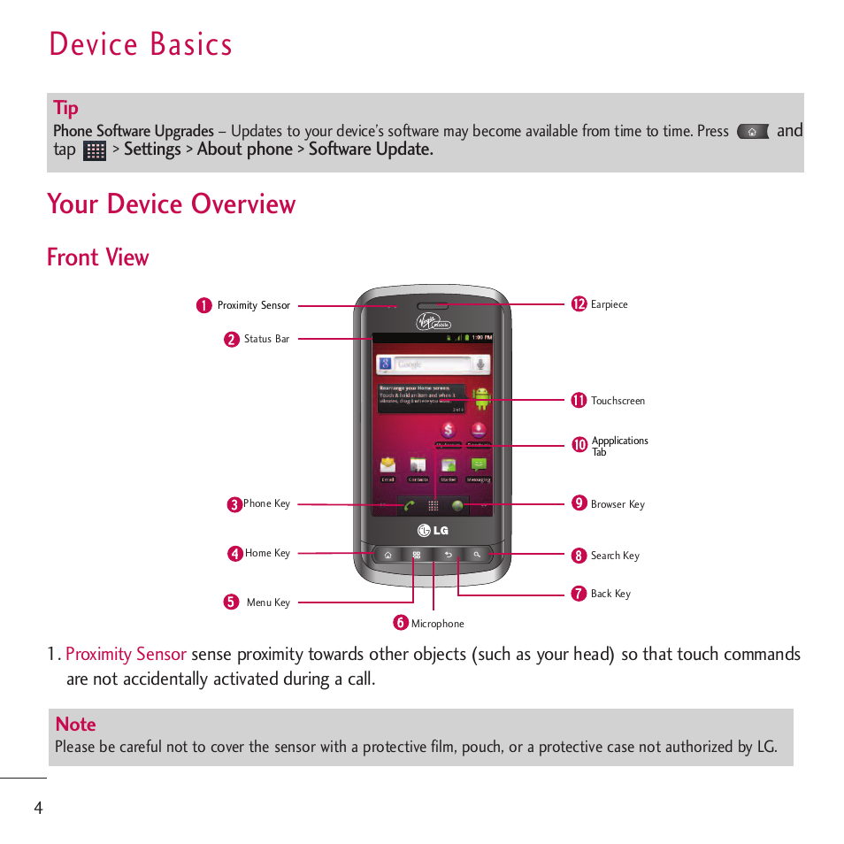 Device basics, Your device overview, Front view | LG LGVM701 User Manual | Page 6 / 221
