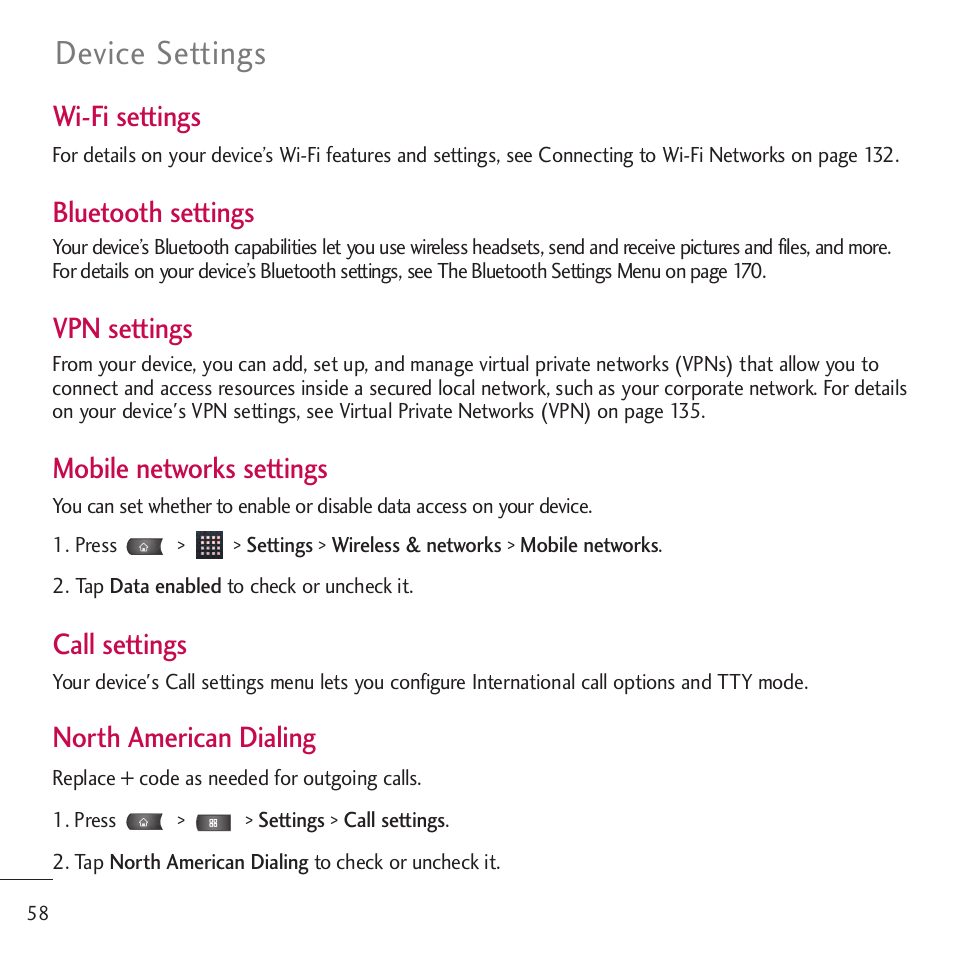 Device settings, Wi-fi settings, Bluetooth settings | Vpn settings, Mobile networks settings, Call settings, North american dialing | LG LGVM701 User Manual | Page 60 / 221