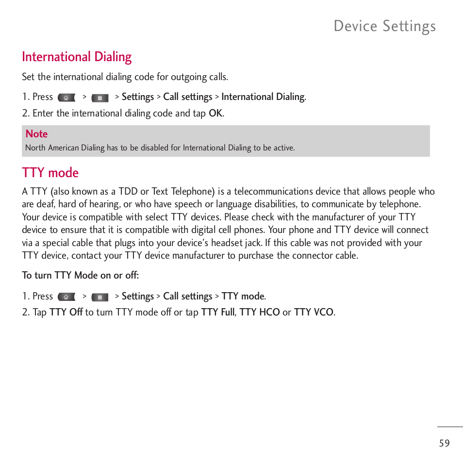 Device settings, International dialing, Tty mode | LG LGVM701 User Manual | Page 61 / 221