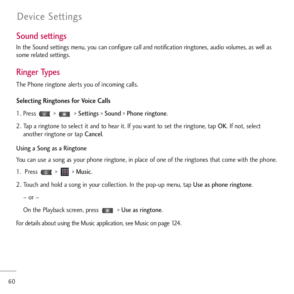 Device settings, Sound settings, Ringer types | LG LGVM701 User Manual | Page 62 / 221