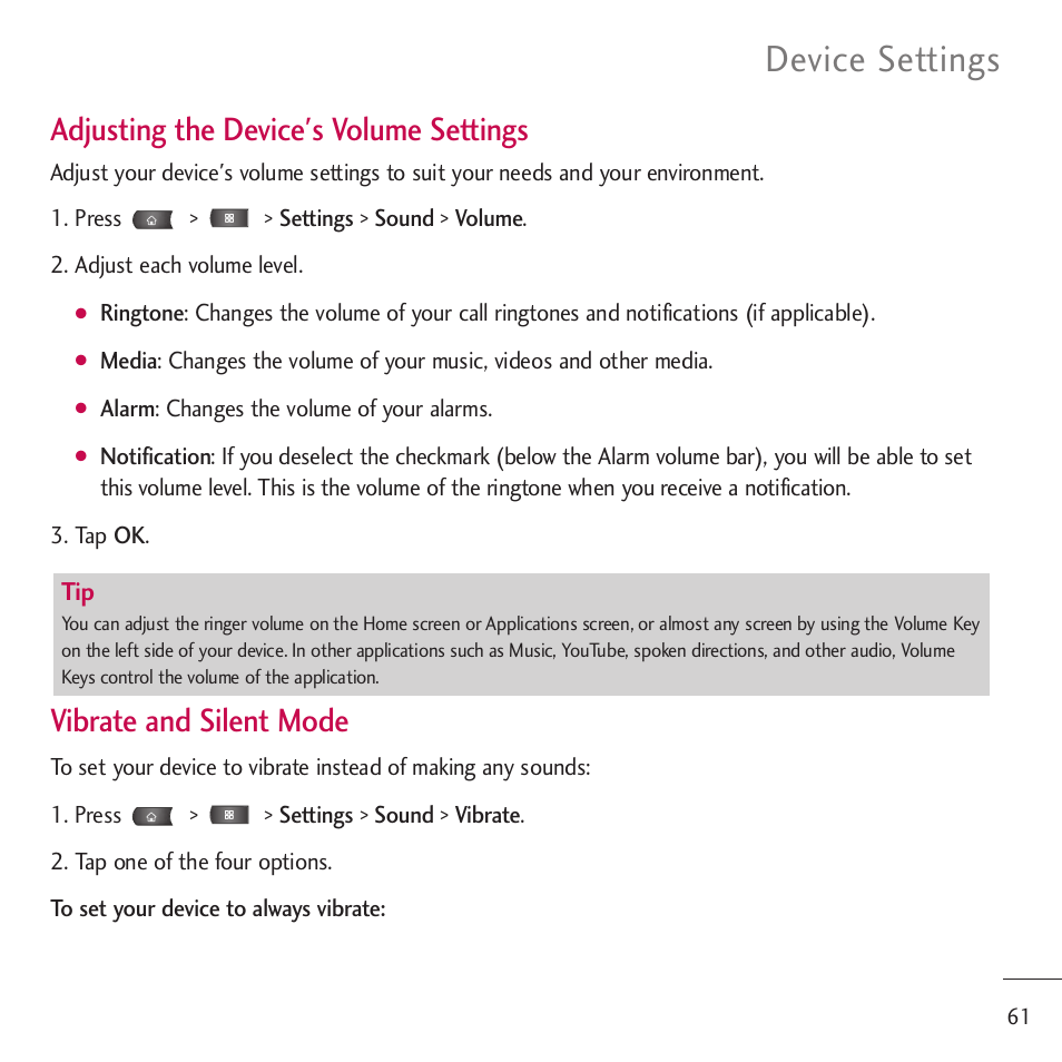 Device settings, Adjusting the device's volume settings, Vibrate and silent mode | LG LGVM701 User Manual | Page 63 / 221