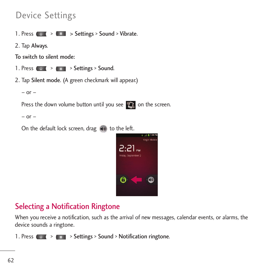 Device settings, Selecting a notification ringtone | LG LGVM701 User Manual | Page 64 / 221