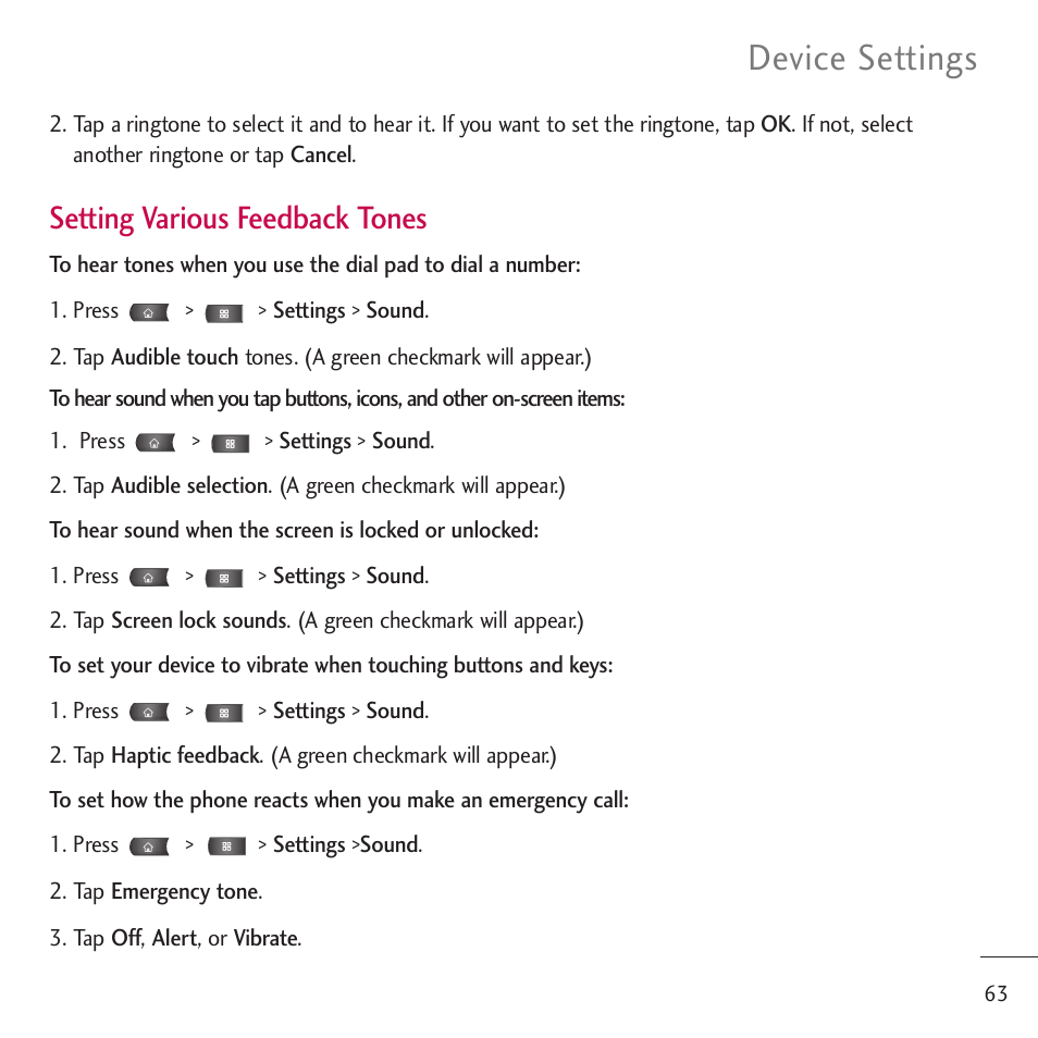 Device settings, Setting various feedback tones | LG LGVM701 User Manual | Page 65 / 221