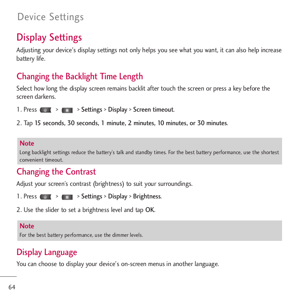 Display settings, Device settings, Changing the backlight time length | Changing the contrast, Display language | LG LGVM701 User Manual | Page 66 / 221