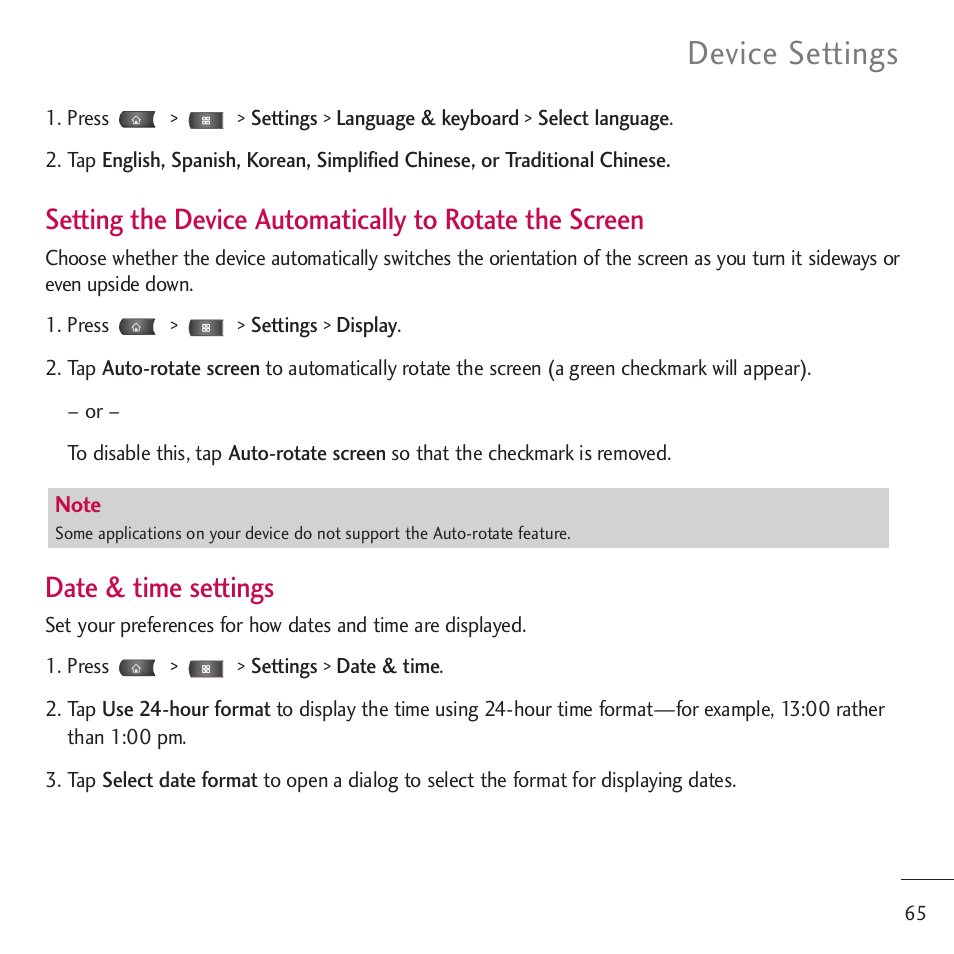 Device settings, Date & time settings | LG LGVM701 User Manual | Page 67 / 221