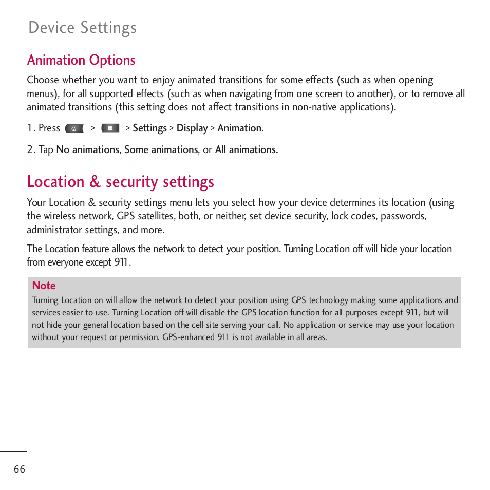 Location & security settings, Device settings, Animation options | LG LGVM701 User Manual | Page 68 / 221