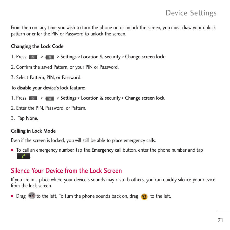 Device settings, Silence your device from the lock screen | LG LGVM701 User Manual | Page 73 / 221