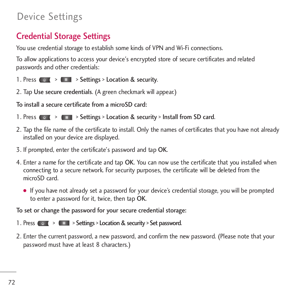 Device settings, Credential storage settings | LG LGVM701 User Manual | Page 74 / 221