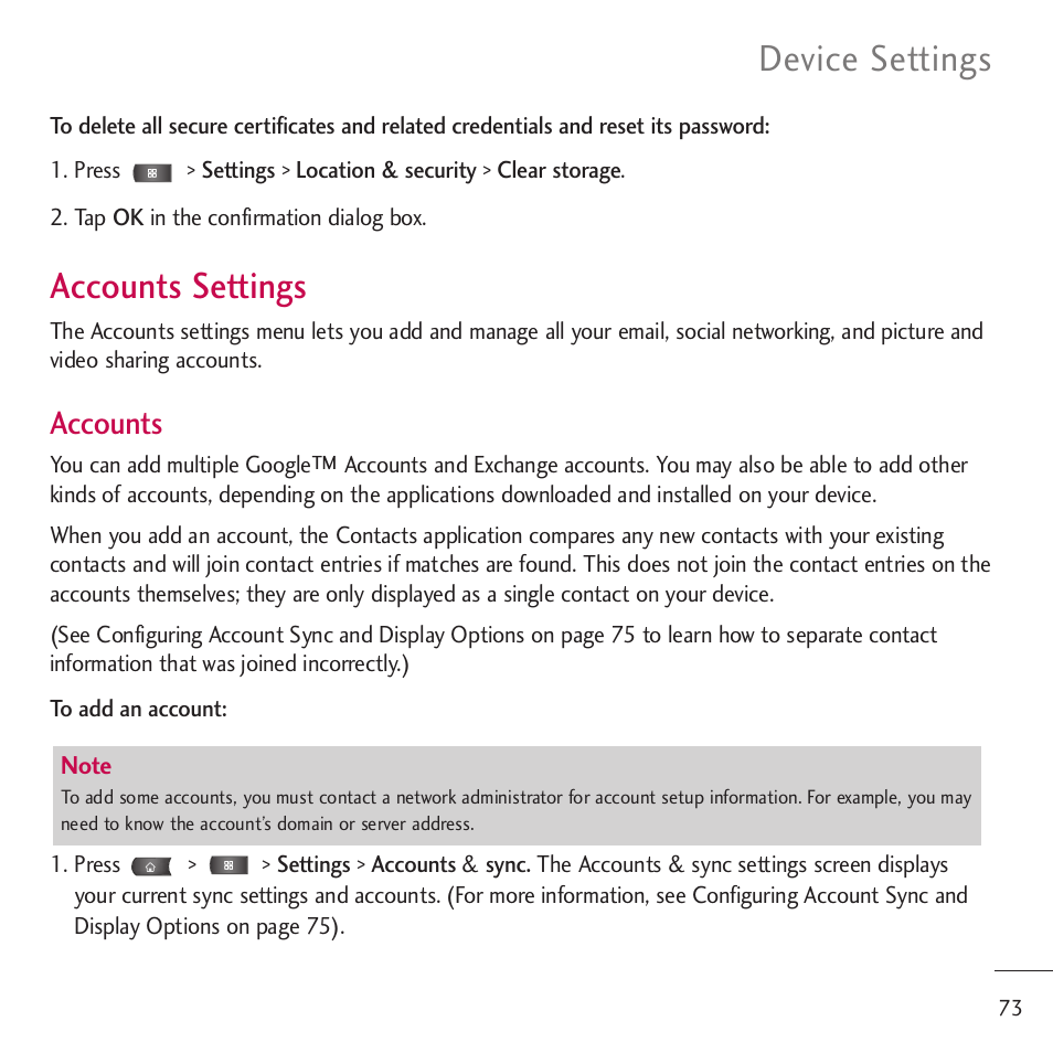 Accounts settings, Device settings, Accounts | LG LGVM701 User Manual | Page 75 / 221