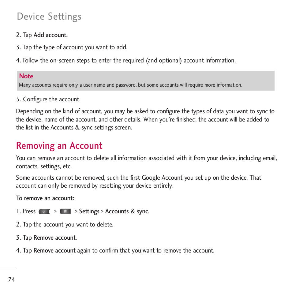 Removing an account, Device settings | LG LGVM701 User Manual | Page 76 / 221