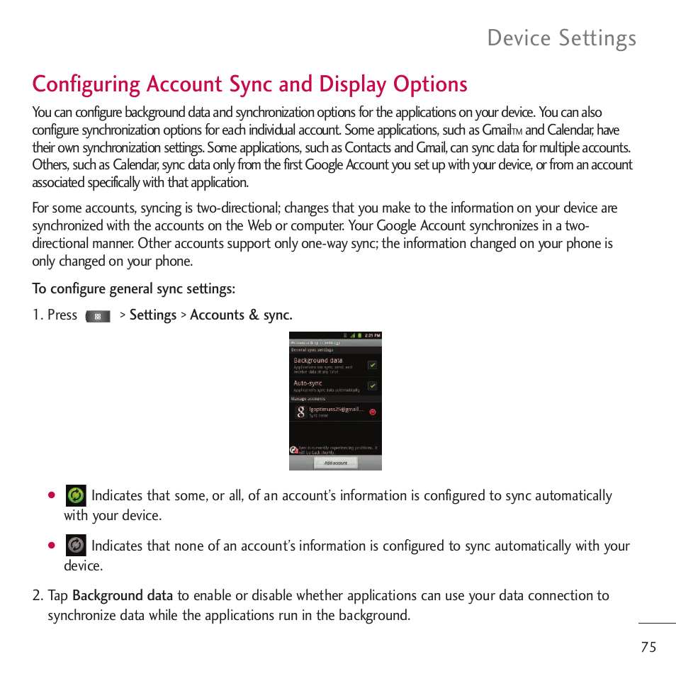 Configuring account sync and, Configuring account sync and display options, Device settings | LG LGVM701 User Manual | Page 77 / 221