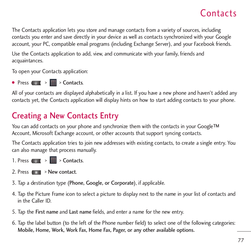 Contacts, Creating a new contacts entry | LG LGVM701 User Manual | Page 79 / 221