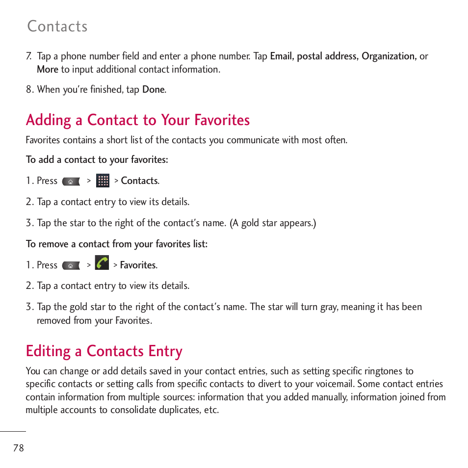 Adding a contact to your fav, Editing a contacts entry, Adding a contact to your favorites | Contacts | LG LGVM701 User Manual | Page 80 / 221