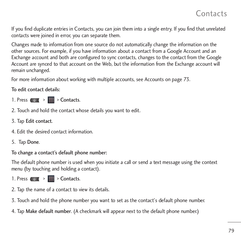 Contacts | LG LGVM701 User Manual | Page 81 / 221