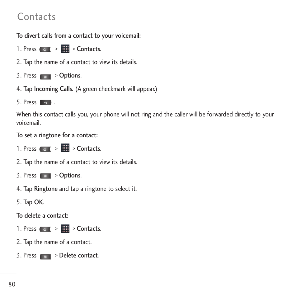 Contacts | LG LGVM701 User Manual | Page 82 / 221