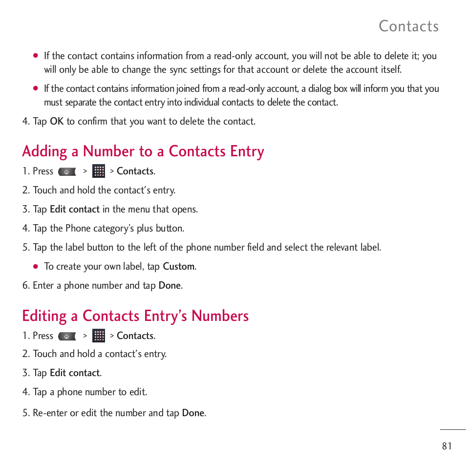 Adding a number to a contact, Editing a contacts entry? n, Adding a number to a contacts entry | Editing a contacts entry’s numbers, Contacts | LG LGVM701 User Manual | Page 83 / 221