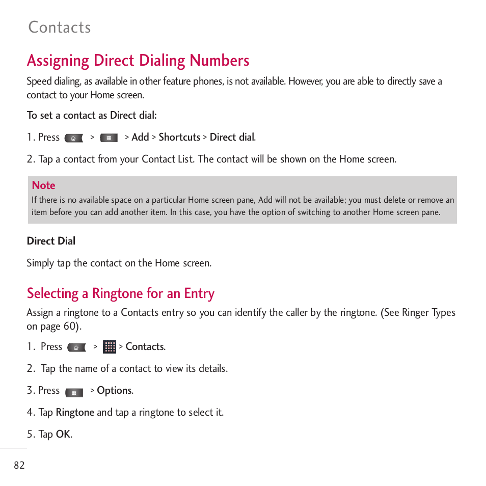 Assigning direct dialing num, Assigning direct dialing numbers, Contacts | Selecting a ringtone for an entry | LG LGVM701 User Manual | Page 84 / 221