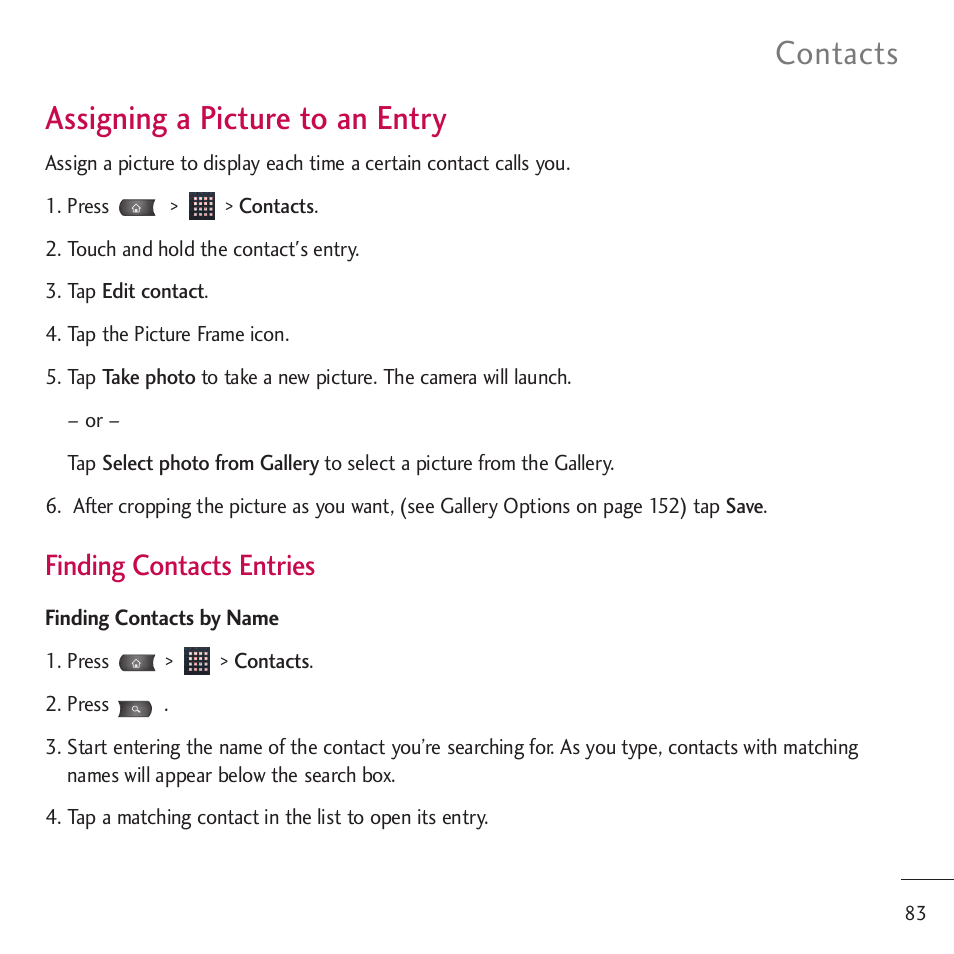 Assigning a picture to an entry, Contacts, Finding contacts entries | LG LGVM701 User Manual | Page 85 / 221