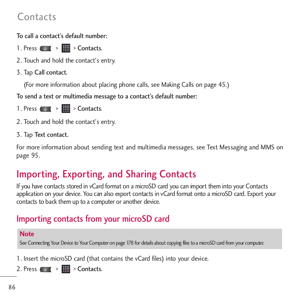 Importing, exporting, and sh, Importing, exporting, and sharing contacts 86, Importing, exporting, and sharing contacts | Contacts, Importing contacts from your microsd card | LG LGVM701 User Manual | Page 88 / 221