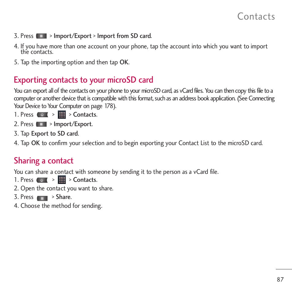 Contacts, Exporting contacts to your microsd card, Sharing a contact | LG LGVM701 User Manual | Page 89 / 221