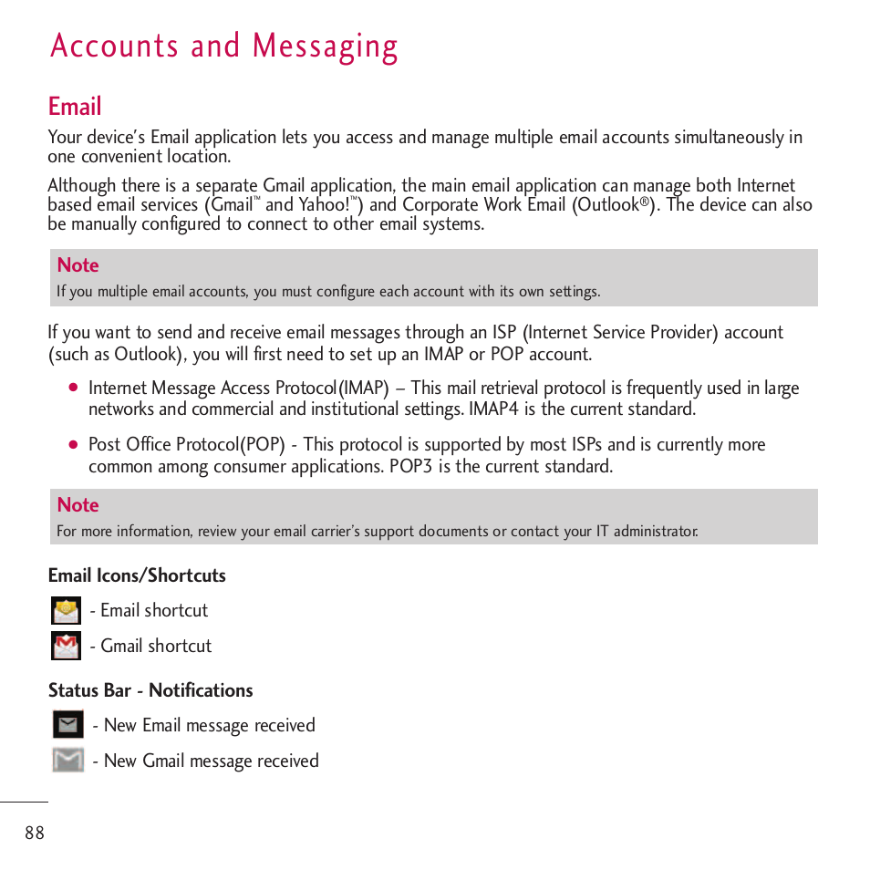 Accounts and messaging, Email | LG LGVM701 User Manual | Page 90 / 221