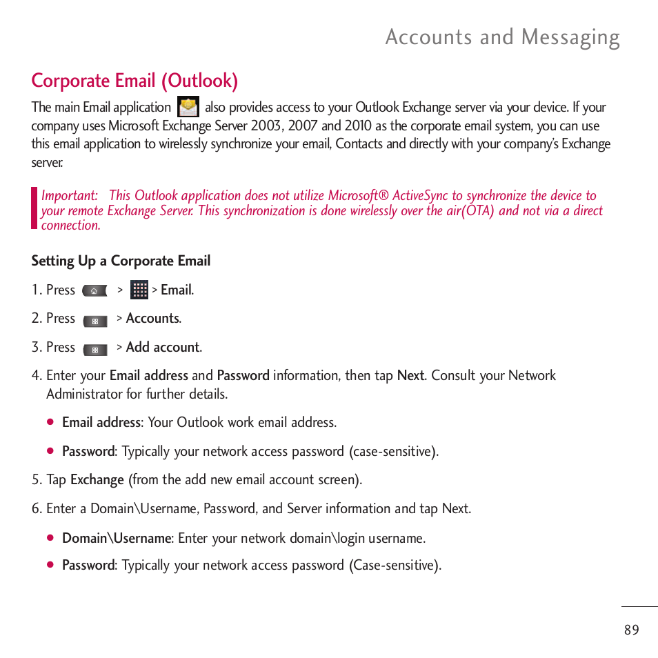 Accounts and messaging, Corporate email (outlook) | LG LGVM701 User Manual | Page 91 / 221