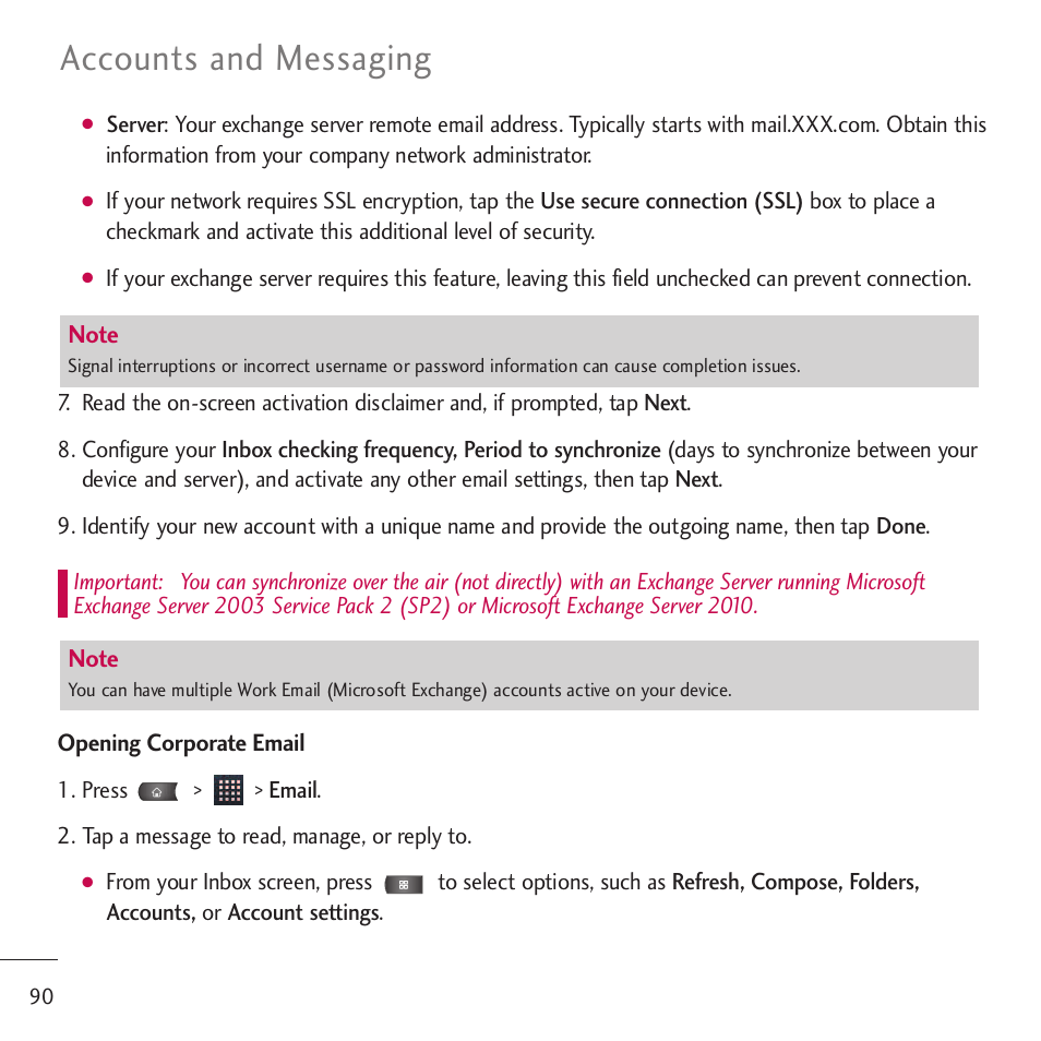 Accounts and messaging | LG LGVM701 User Manual | Page 92 / 221