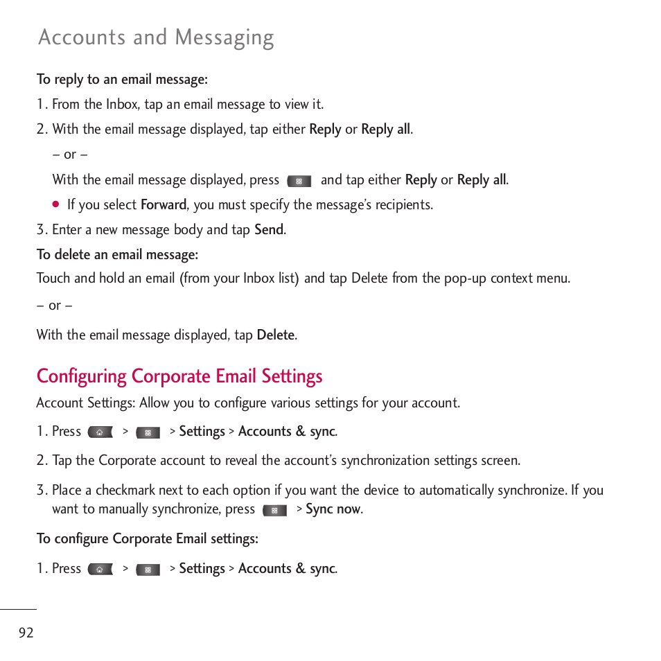 Accounts and messaging, Configuring corporate email settings | LG LGVM701 User Manual | Page 94 / 221